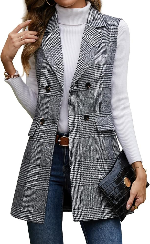 ELLEVEN Women's Long Plaid Vest Sleeveless Double Breasted Blazer Jackets Fall Trendy Coats with ... | Amazon (US)