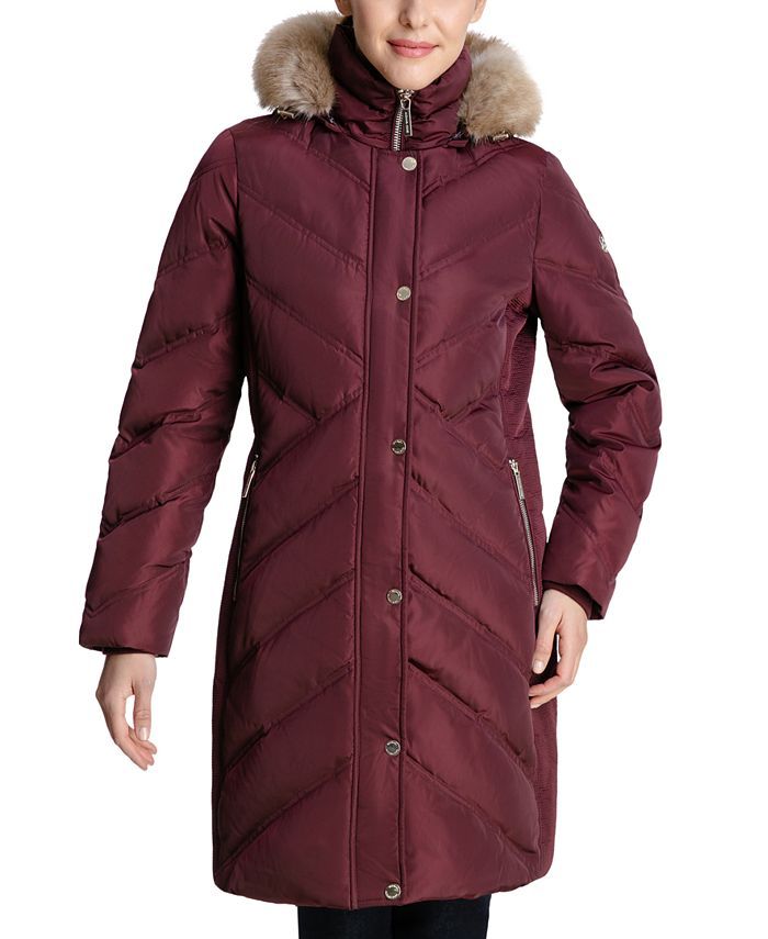 Michael Kors Women's Chevron Faux-Fur-Trim Hooded Down Puffer Coat, Created for Macy's & Reviews ... | Macys (US)