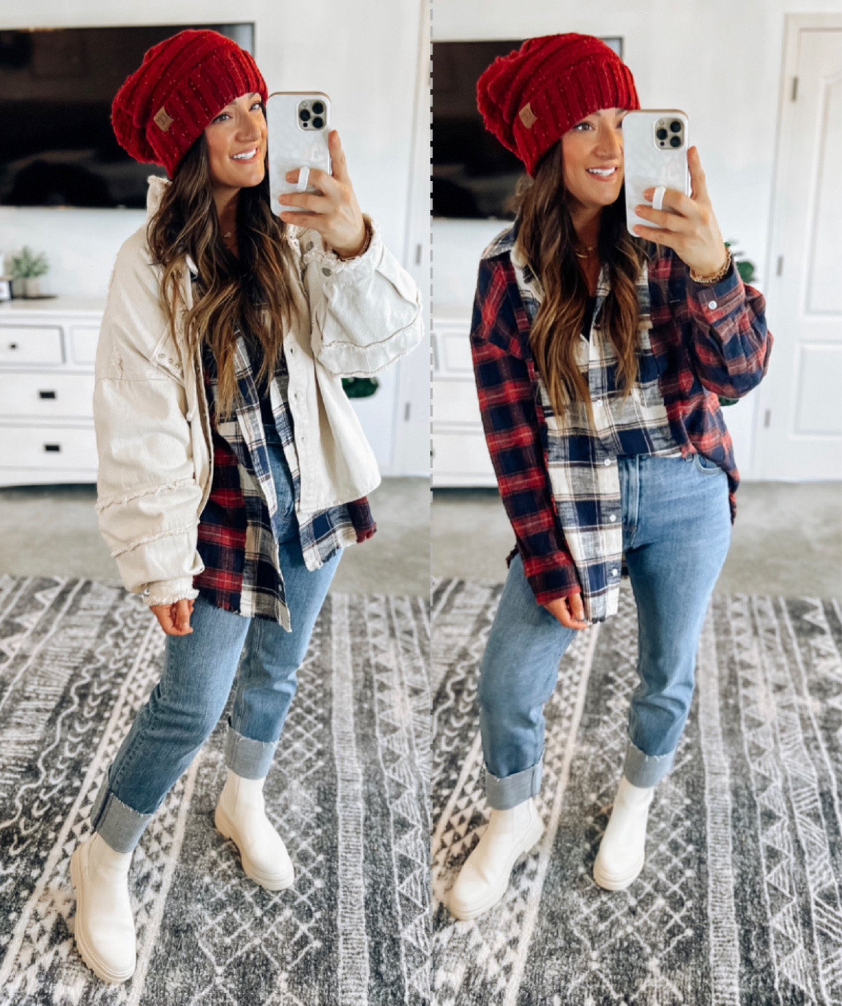 Abercrombie circle love ankle straight jeans perfection!! Grab them at 20% off during the LTK sale! True to size. They look cute with boots, sneakers, flat mules, and heels! 👏 This oversized Vici plaid and jacket are some of my favorite pieces for Fall!! 30% off during the sale!! 

#LTKSale #LTKSeasonal #LTKstyletip
