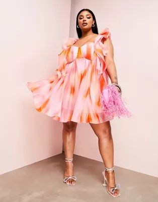 ASOS LUXE Curve ruffle shoulder cupped babydoll mini dress in pink print | ASOS (Global)
