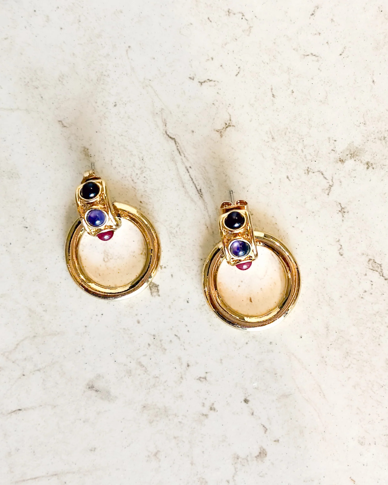 Vintage Signed Gold Ruby and amethyst Door Knocker Cable Hoop Earrings | Care Tucker