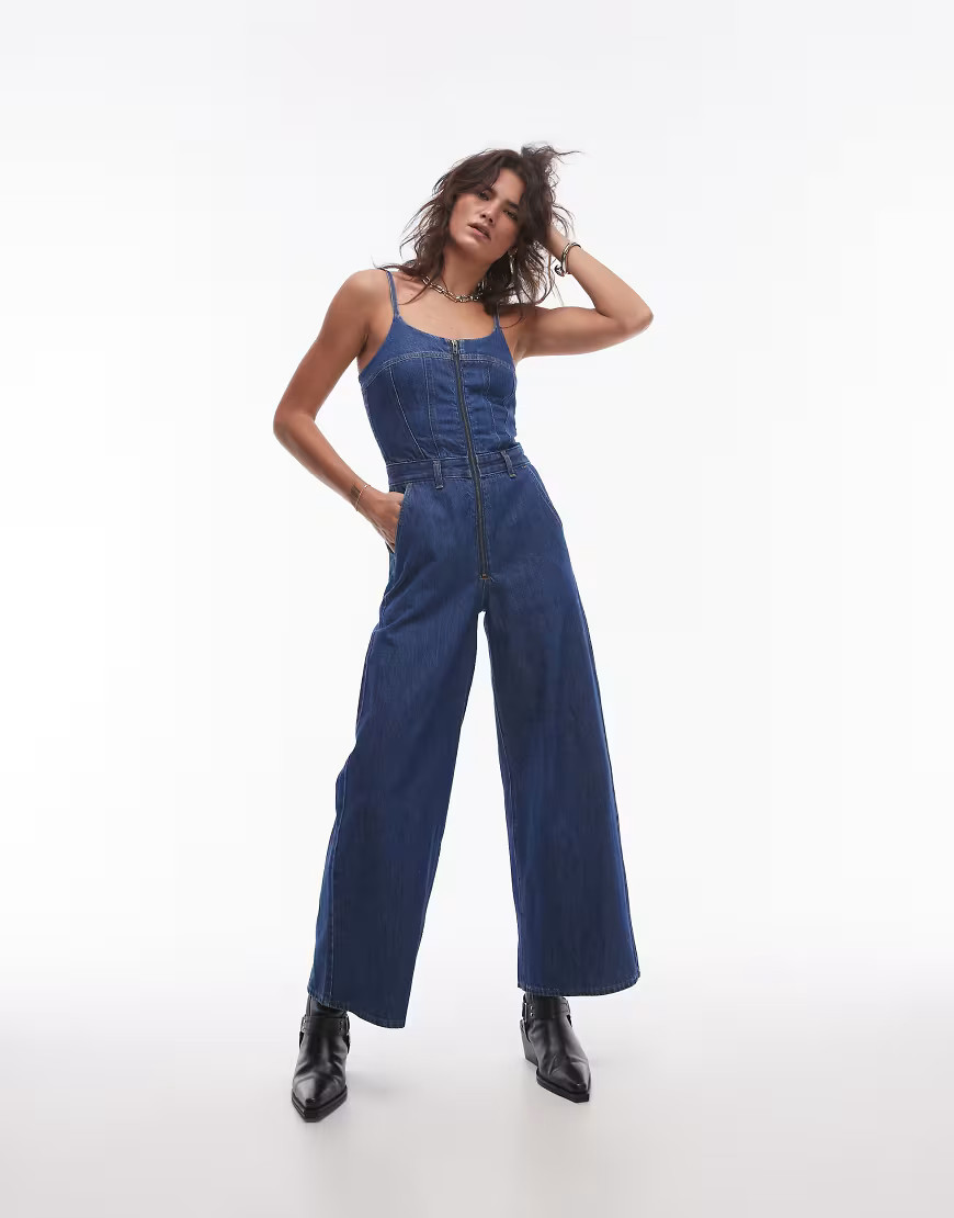 Levi's wide leg bustier denim jumpsuit in mid blue | ASOS (Global)