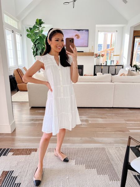 White dress for a summer outfit that’s also nursing and pumping friendly. Wearing size XS and it’s on sale! Also great for smart casual, business casual and teachers outfits. Pairing with nude cap toe flats from the Nordstrom Anniversary sale! 

#LTKworkwear #LTKxNSale #LTKunder50