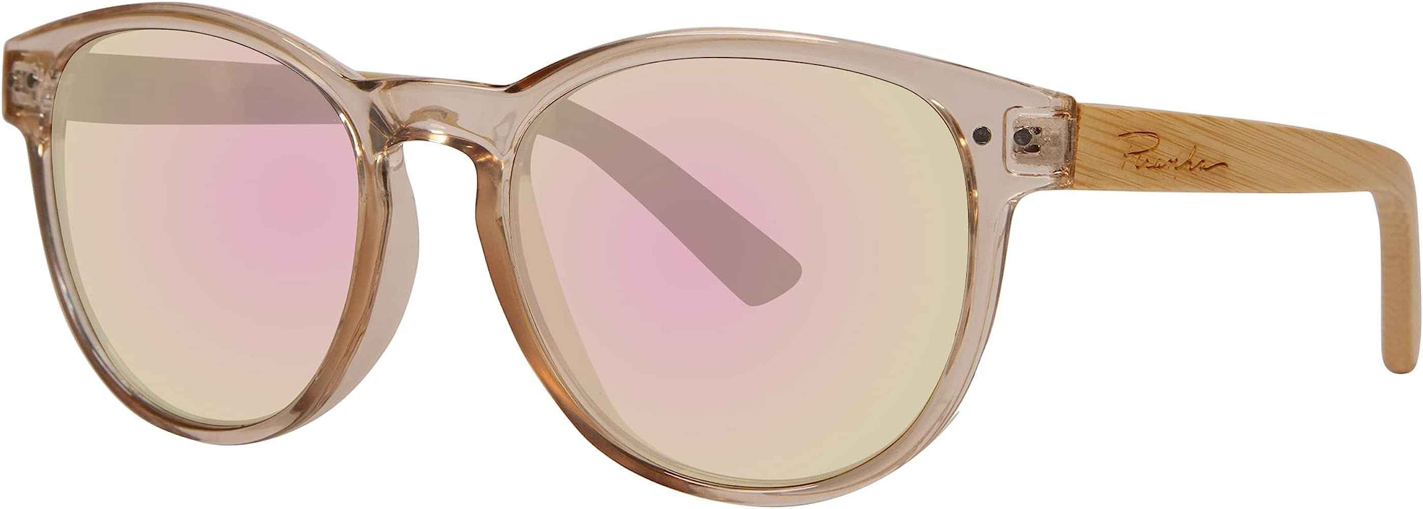Piranha Aerial Women's Round Bamboo Sunglasses with Pink Crystal Frame & Mirrored Lenses | Amazon (US)