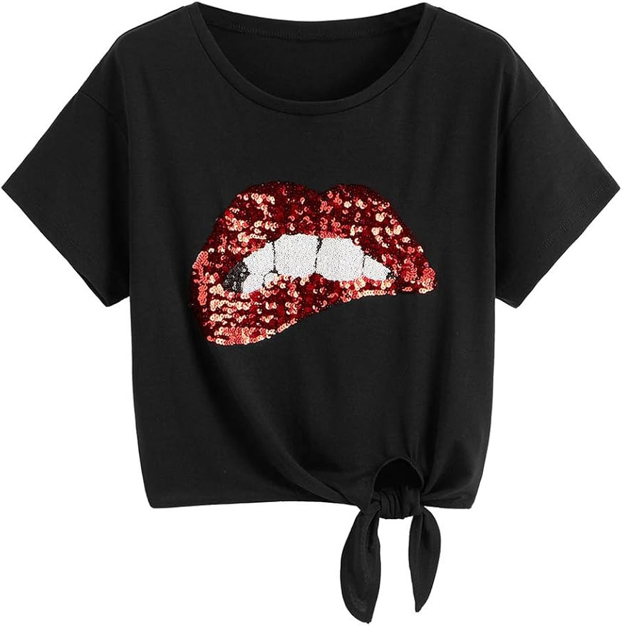 Romwe Women's Short Sleeve Tie Front Knot Casual Loose Fit Tee T-Shirt | Amazon (US)