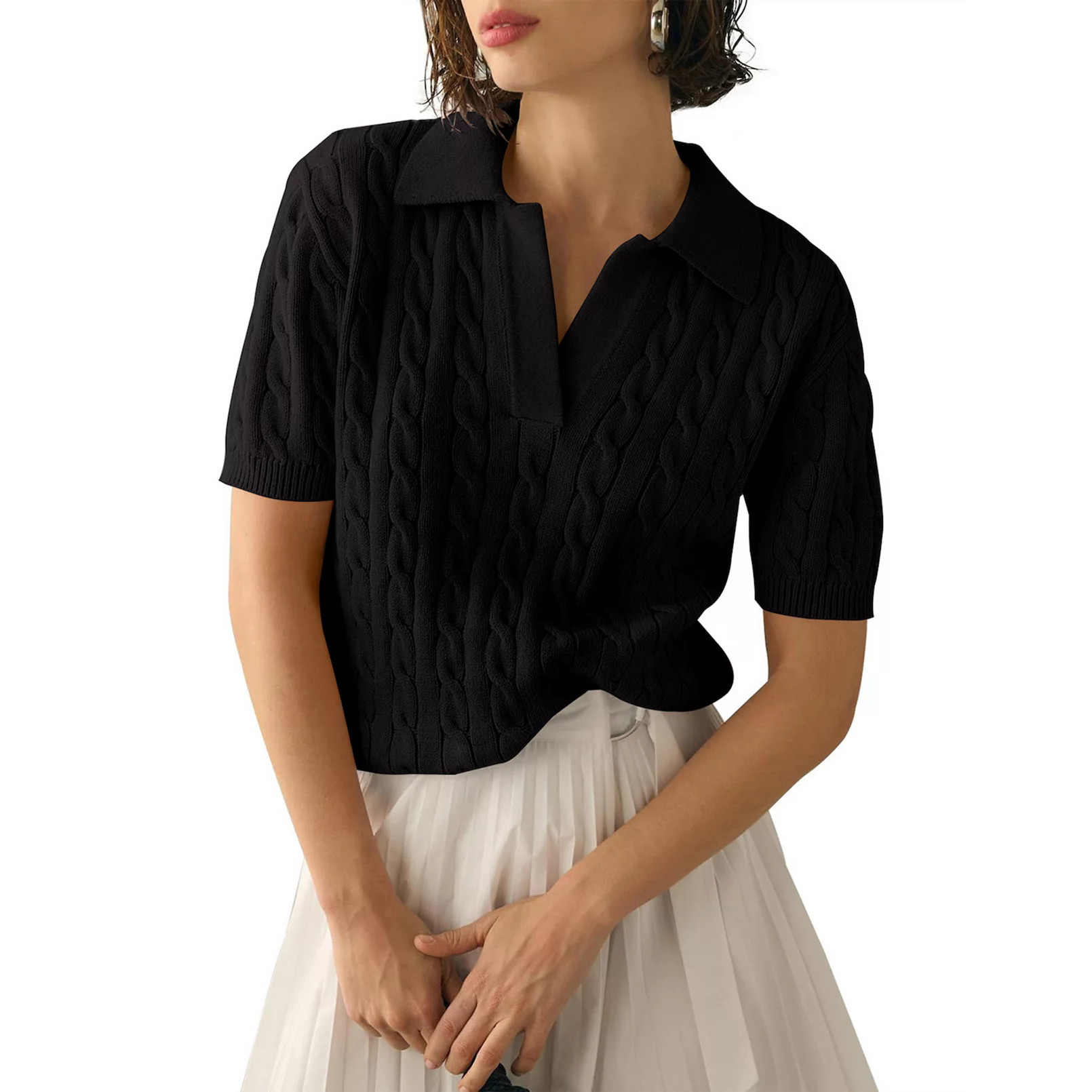 Womens Short Sleeve Sweaters Tops V Neck Lapel Cable Knit Sweater Casual Summer Pullover Shirt | Kohl's