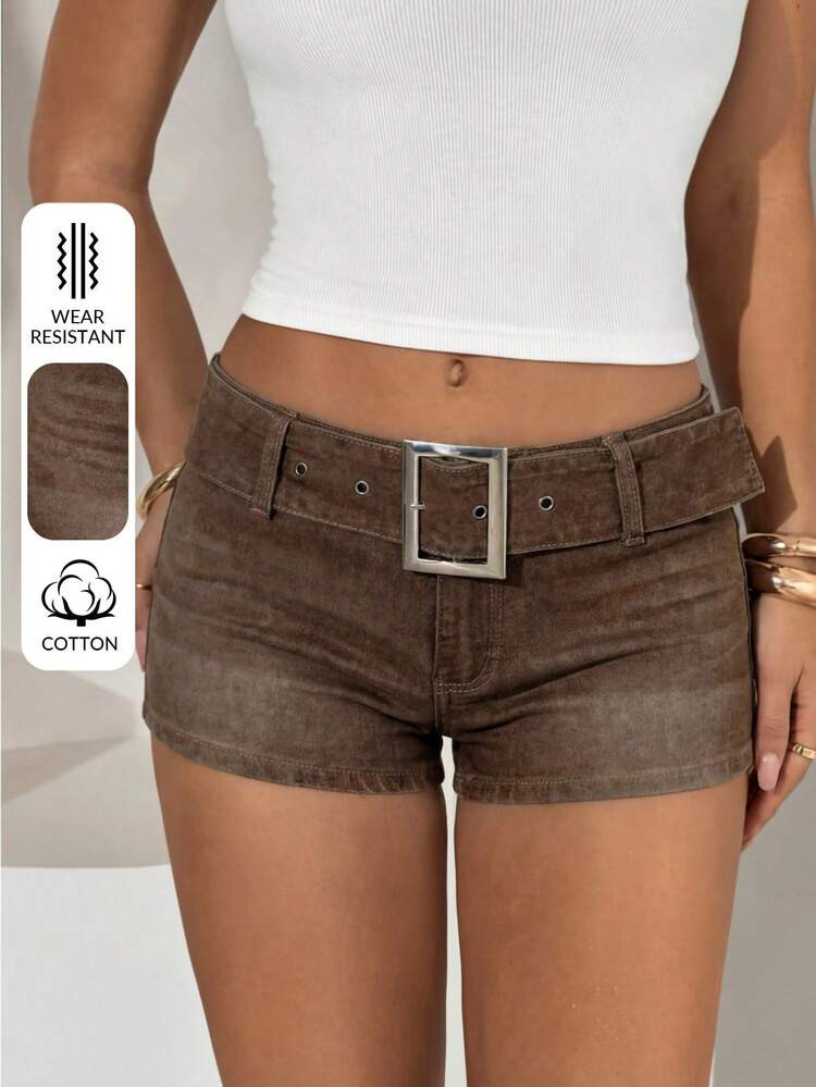 Aloruh Women's Spring/Summer New Tie-Dye Washed Denim Mini Shorts With Belt, Vintage Distressed Style Woman Shorts Leather Shorts Brown Shorts Low Waist Shorts Women's Summer Outfits Brown Jean Shorts Women Shorts Casual Women's Jeans Shorts Buckle Shorts | SHEIN