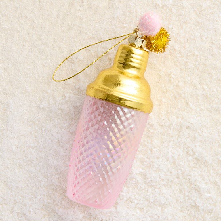 Pink and Gold Glass Embossed Cocktail Shaker Ornament | World Market