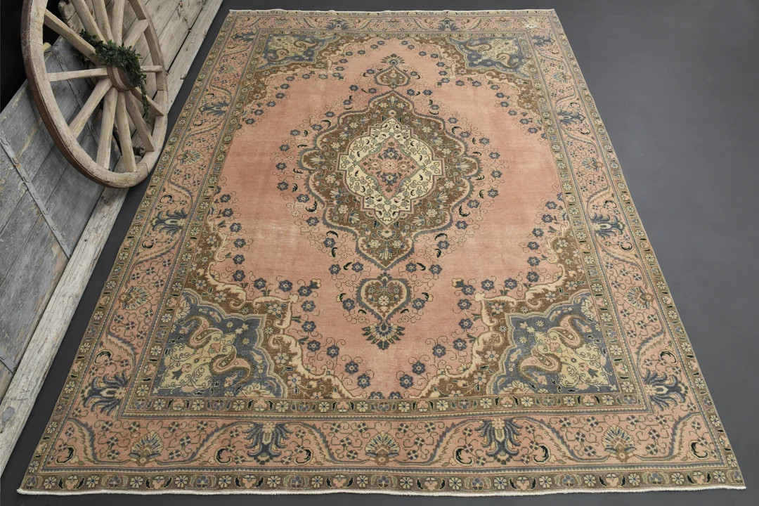 9'4x12'5 Pink Persian Rug, Turkish Beige, Pastel Vintage Faded Pink Turkish Area Rug, Boho Rugs L... | Etsy (US)