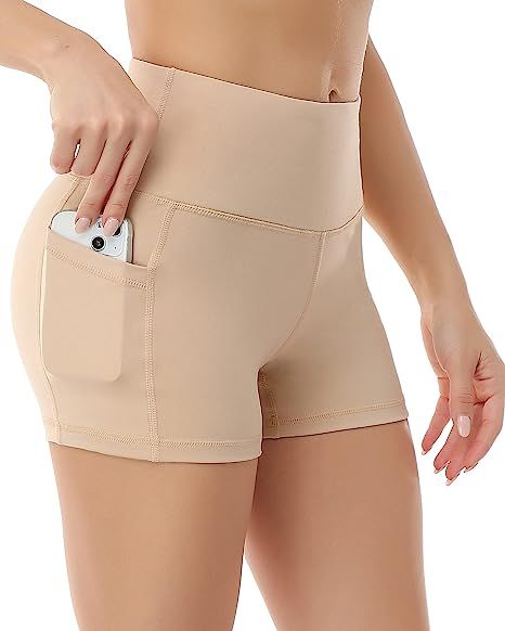 CHRLEISURE Spandex Yoga Shorts with Pockets for Women, High Waisted Workout Booty Shorts 3in | Amazon (US)