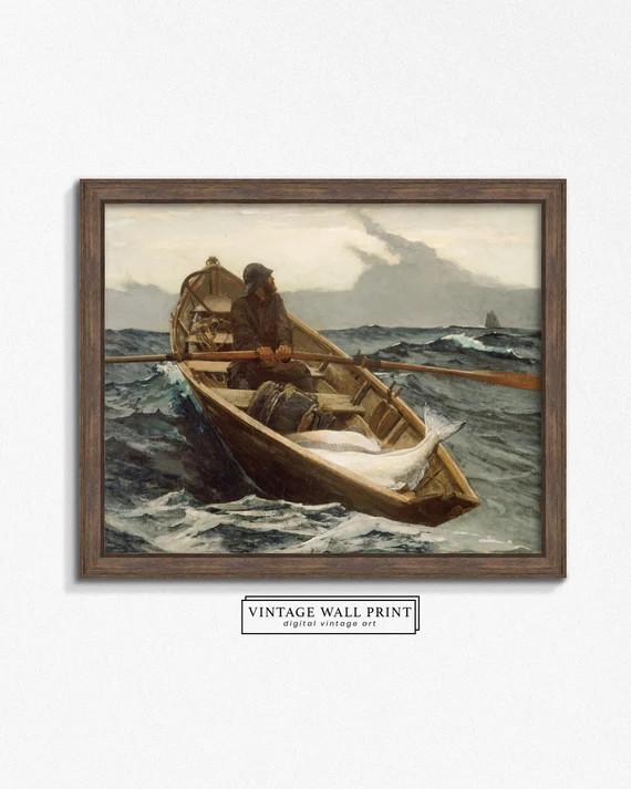 Fisherman Antique Painting, Boat Painting, Fisherman Print, Ocean Wall Art, Moody Rustic Decor, D... | Etsy (US)