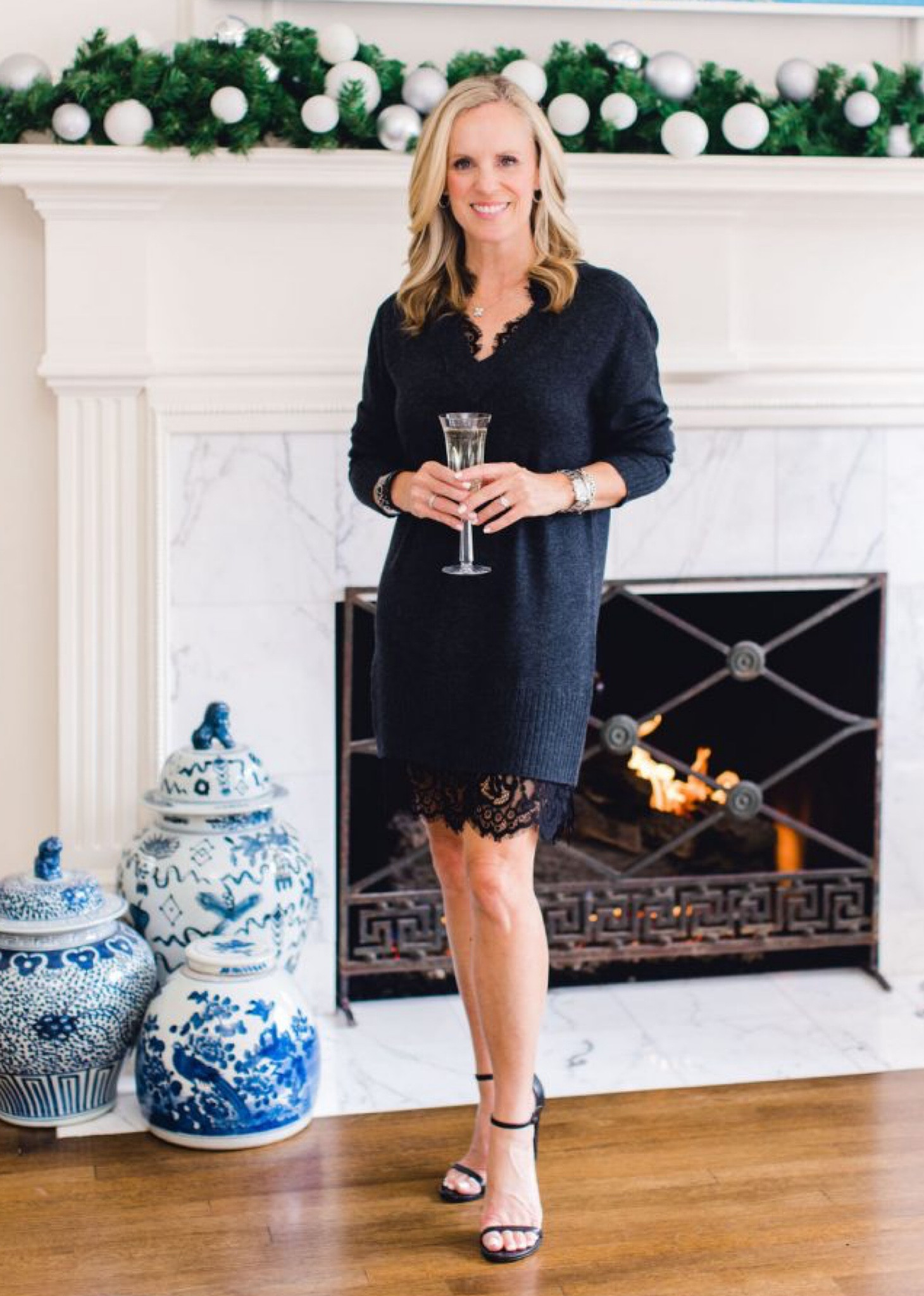 Lace trimmed cashmere sweater dress Stuart Weitzman nudist song black sandals 
Cozy glamorous holiday outfit 

#LTKSeasonal #LTKstyletip #LTKHoliday