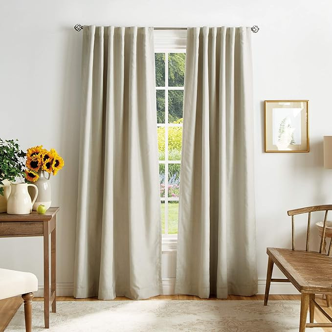 MARTHA STEWART Bedford Woven Plaid Blackout Back Tab Window Curtain Panel Pair, 95", Linen | Amazon (US)