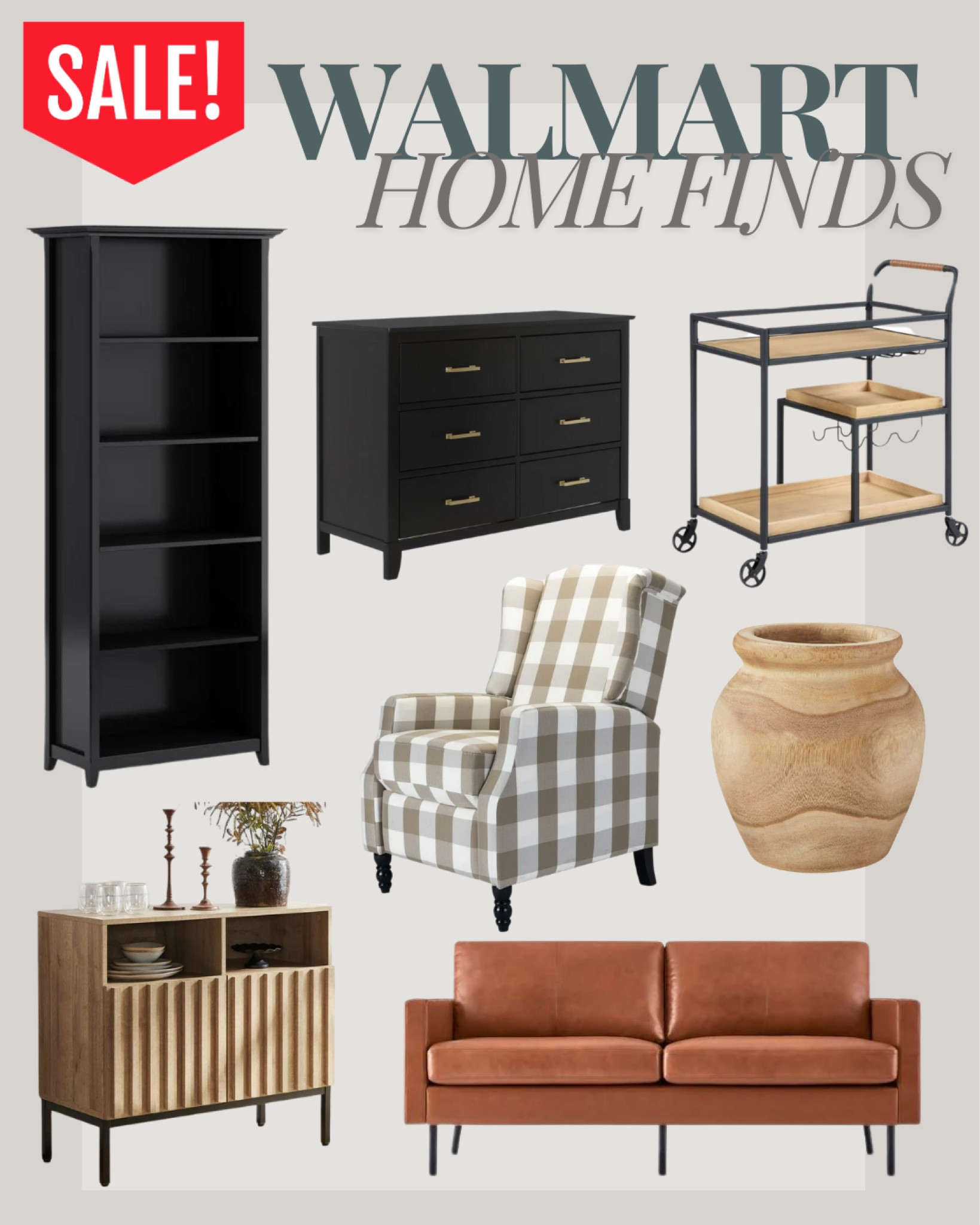 @walmart home furniture finds! All on sale!  Loving the colors and textures ❤️

Plaid armchair, wooden vase, brown faux leather couch, ribbed console end table or nightstand, bar cart, black dresser, black bookcase. Perfect for the living room, sitting room, home office, or lounge! 

#LTKSaleAlert #LTKHome #LTKSummerSales