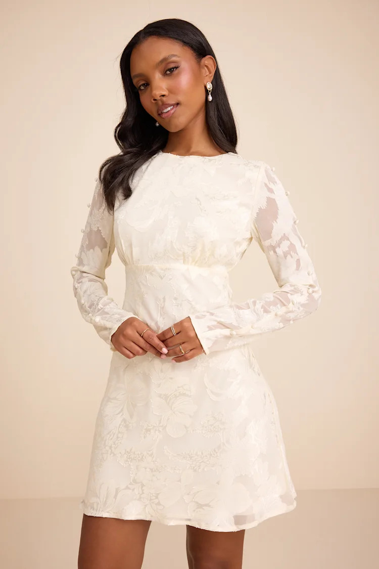 Agnes Ivory Jacquard Long Sleeve Mini Dress | Lulus