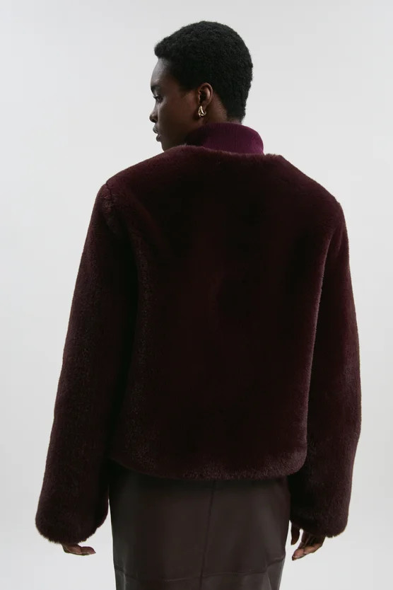 Collarless Faux Fur Jacket | Karen Millen UK + IE + DE + NL