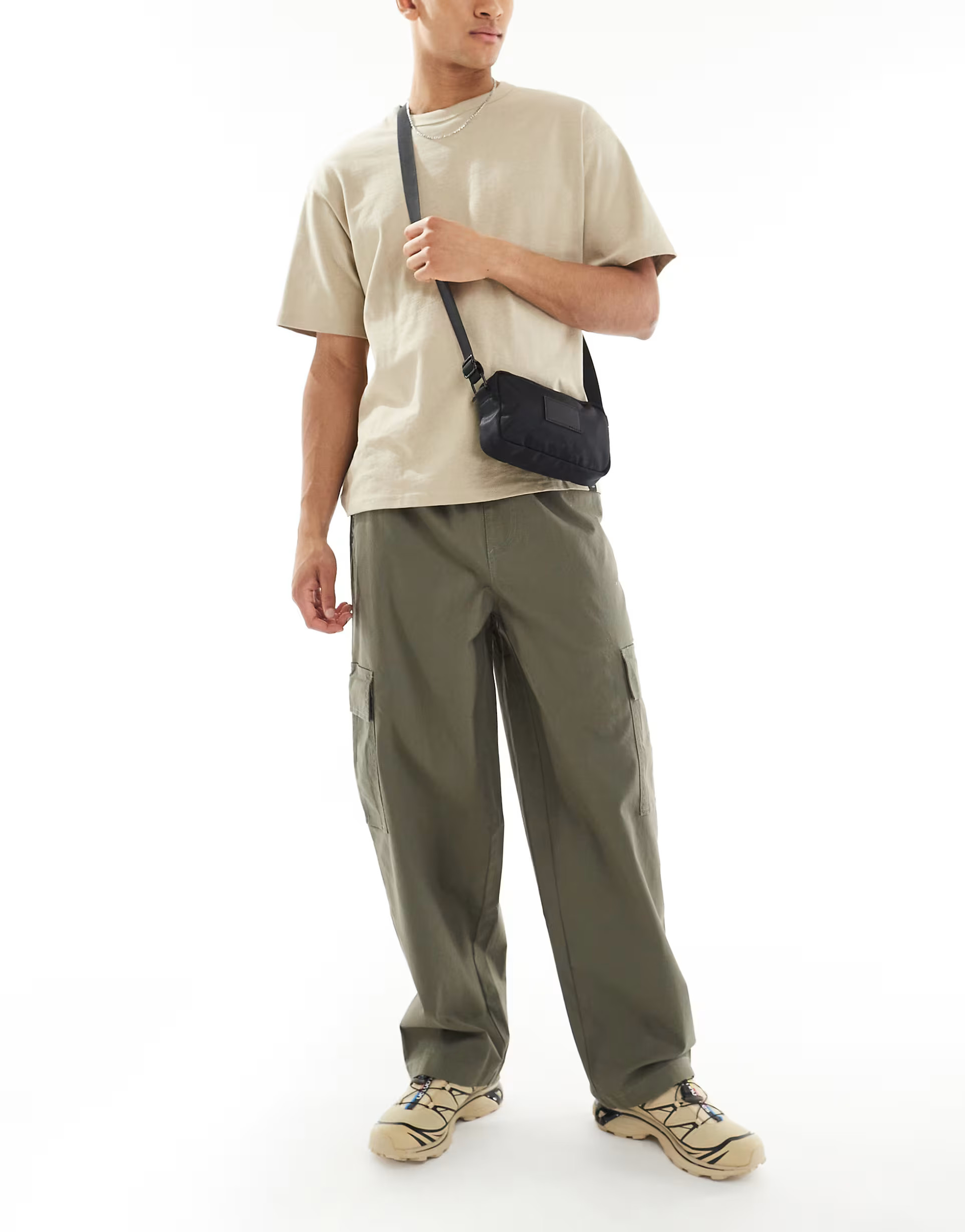 ASOS DESIGN loose cargo trousers with elasticated waist in washed green | ASOS (Global)