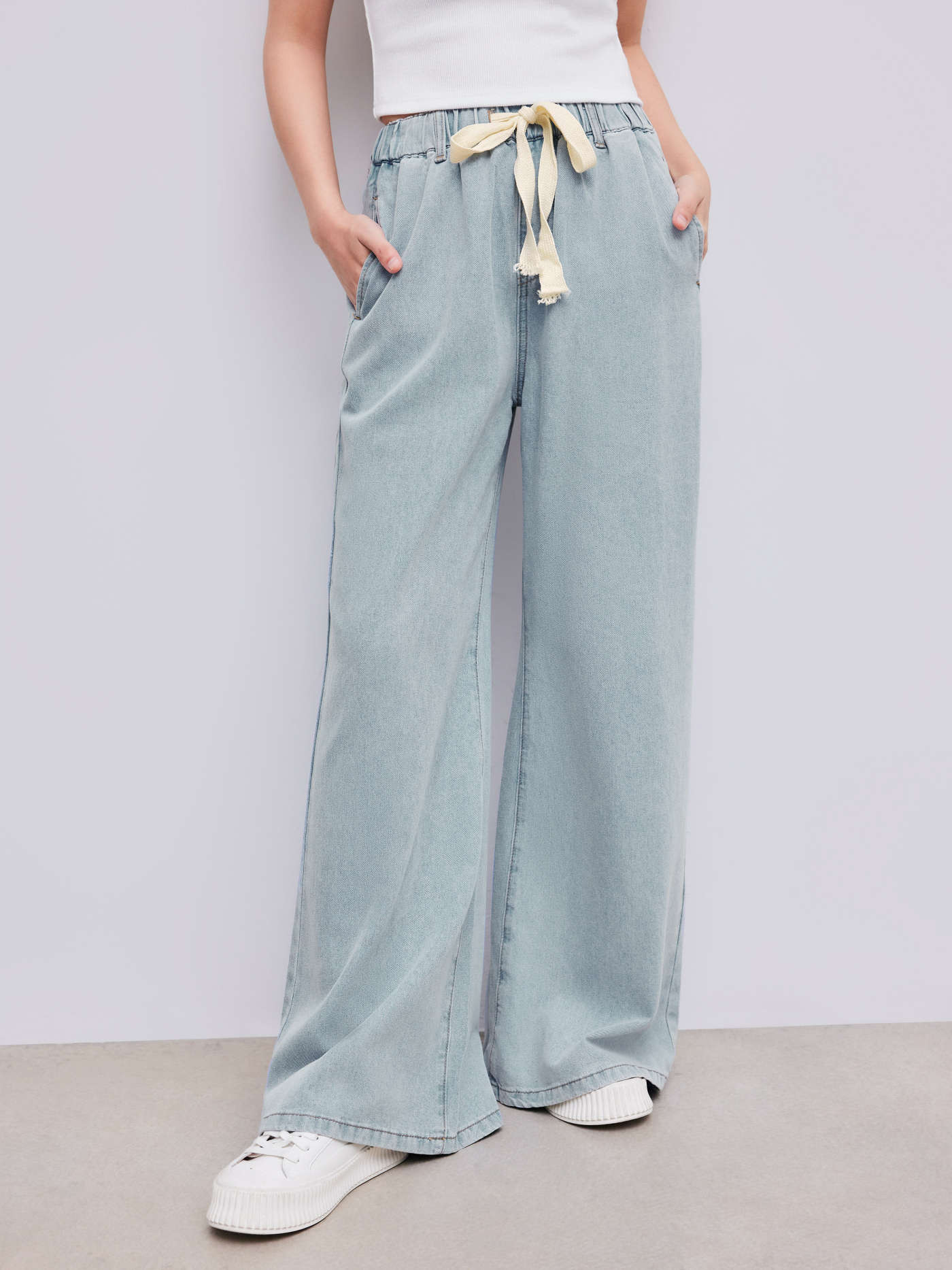 Leslie Denim High Waist Solid Tie Front Wide Leg Trousers | Cider