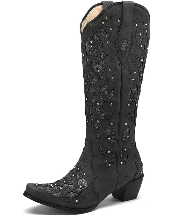 Tscoyuki Women's Rhinestones Western Knee High Boots, Embroidery Pointed Toe Chunky Block Heel Co... | Amazon (US)