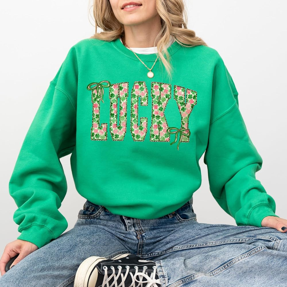 Lucky St. Patrick’s Day Sweatshirt – Shamrock Floral Letter Crewneck – Green Festive Pullov... | Amazon (US)