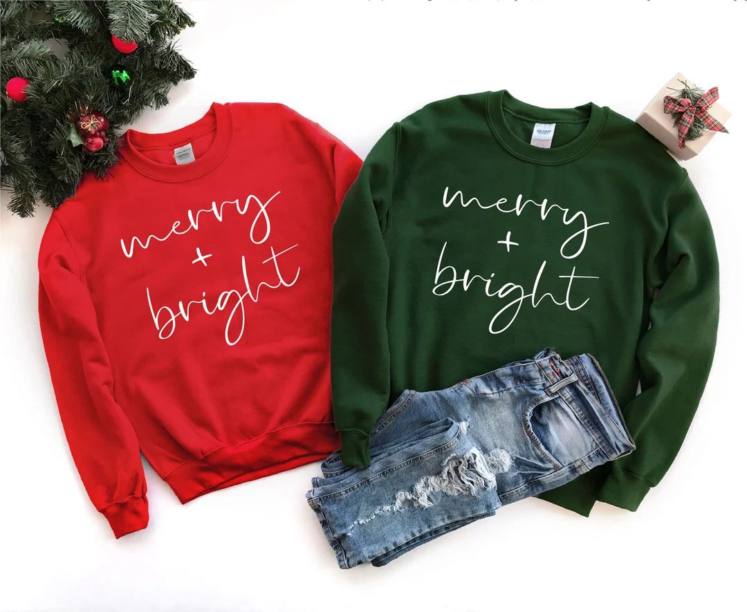 Christmas Sweatshirts for Women Merry and Bright Sweatshirt - Etsy | Etsy (US)
