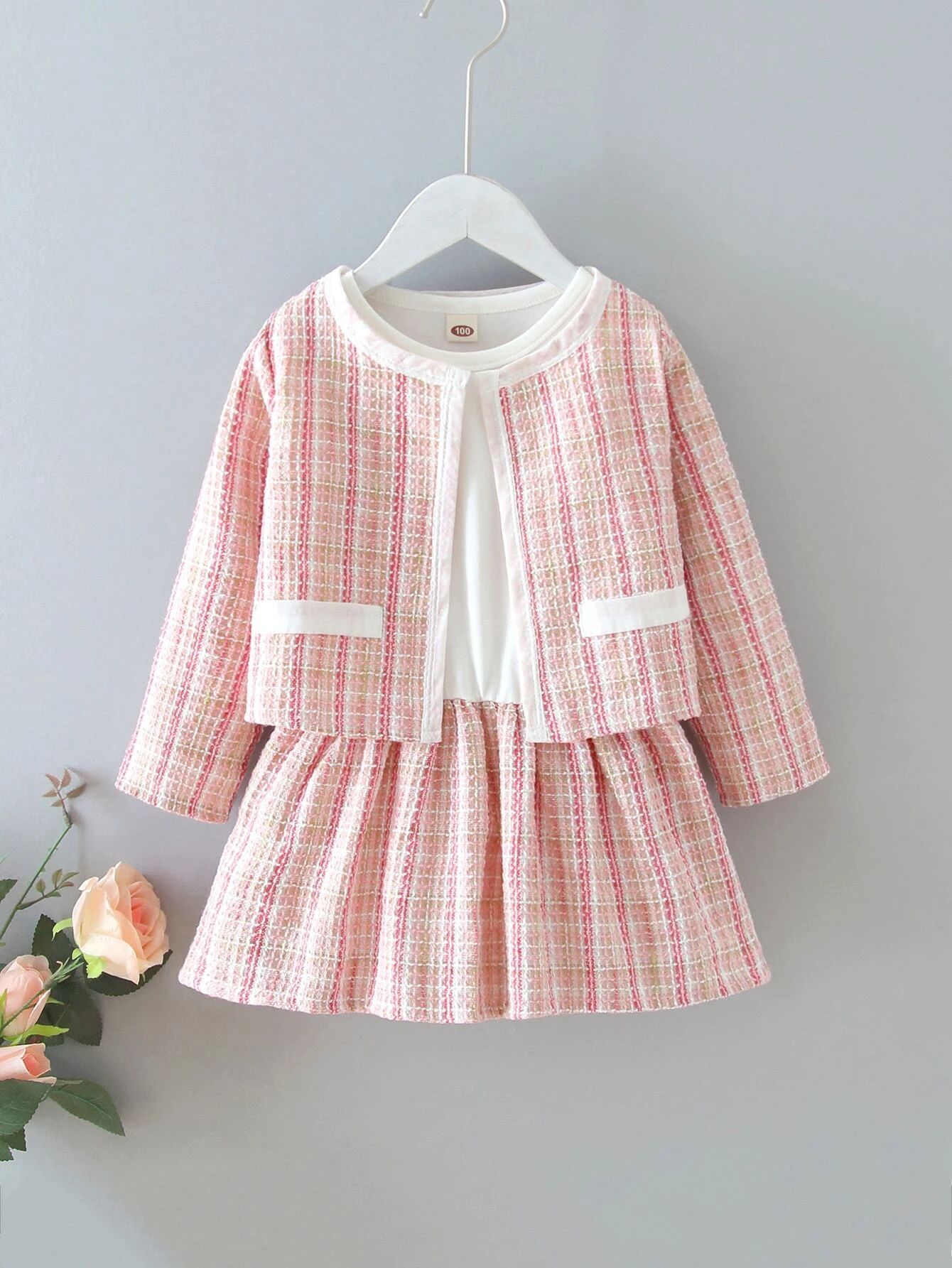Toddler Girls Striped Tweed Jacket & Babydoll Dress | SHEIN