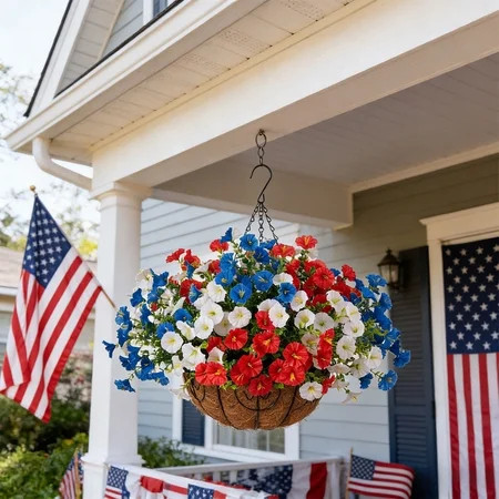 UV Resistant Artificial Flowers, Patriotic Red White Blue Faux Flowers, Outdoor Hanging Basket Decor for Porch Patio, Summer Decoration | Walmart (US)