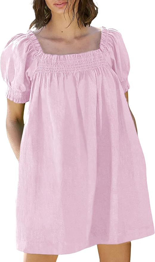 Huaqiao Womens Summer Mini Dress 2026 A-Line Square Neck Puff Sleeve Beach Sundress Casual Short ... | Amazon (US)