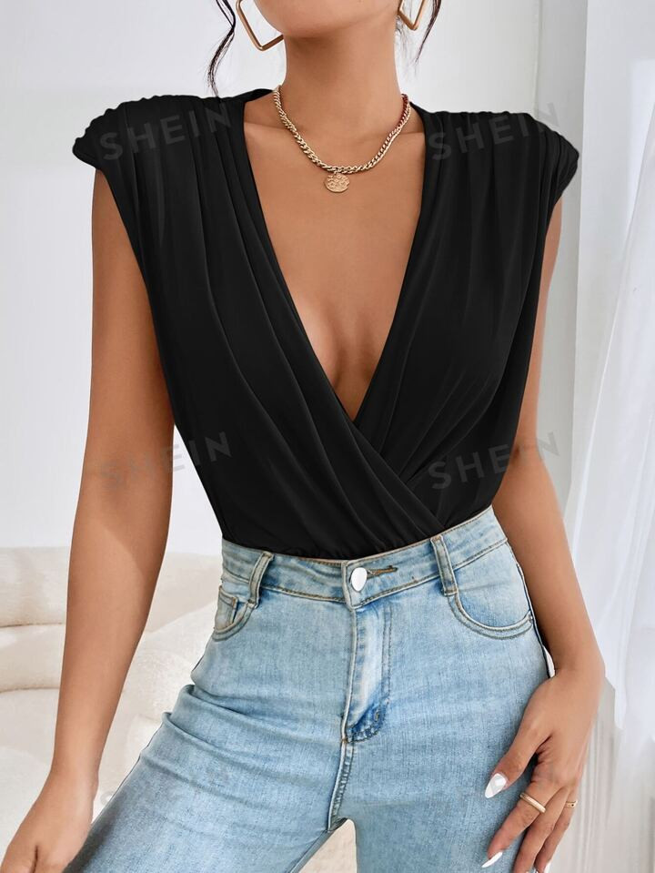 SHEIN Privé Ruched Shoulder Pads Plunging Neck Bodysuit | SHEIN