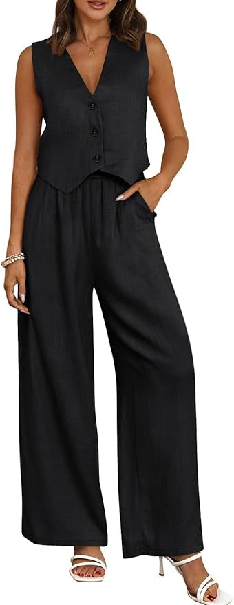 AUTOMET Womens 2 Piece Outfits Linen Lounge Pants Matching Two Piece Sets Sleeveless V Neck Tops ... | Amazon (US)