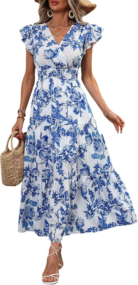 Milumia Summer Flowy Bohemian Dresses for Women 2024 Boho Floral V Neck Ruffle Hem Maxi Dress | Amazon (US)
