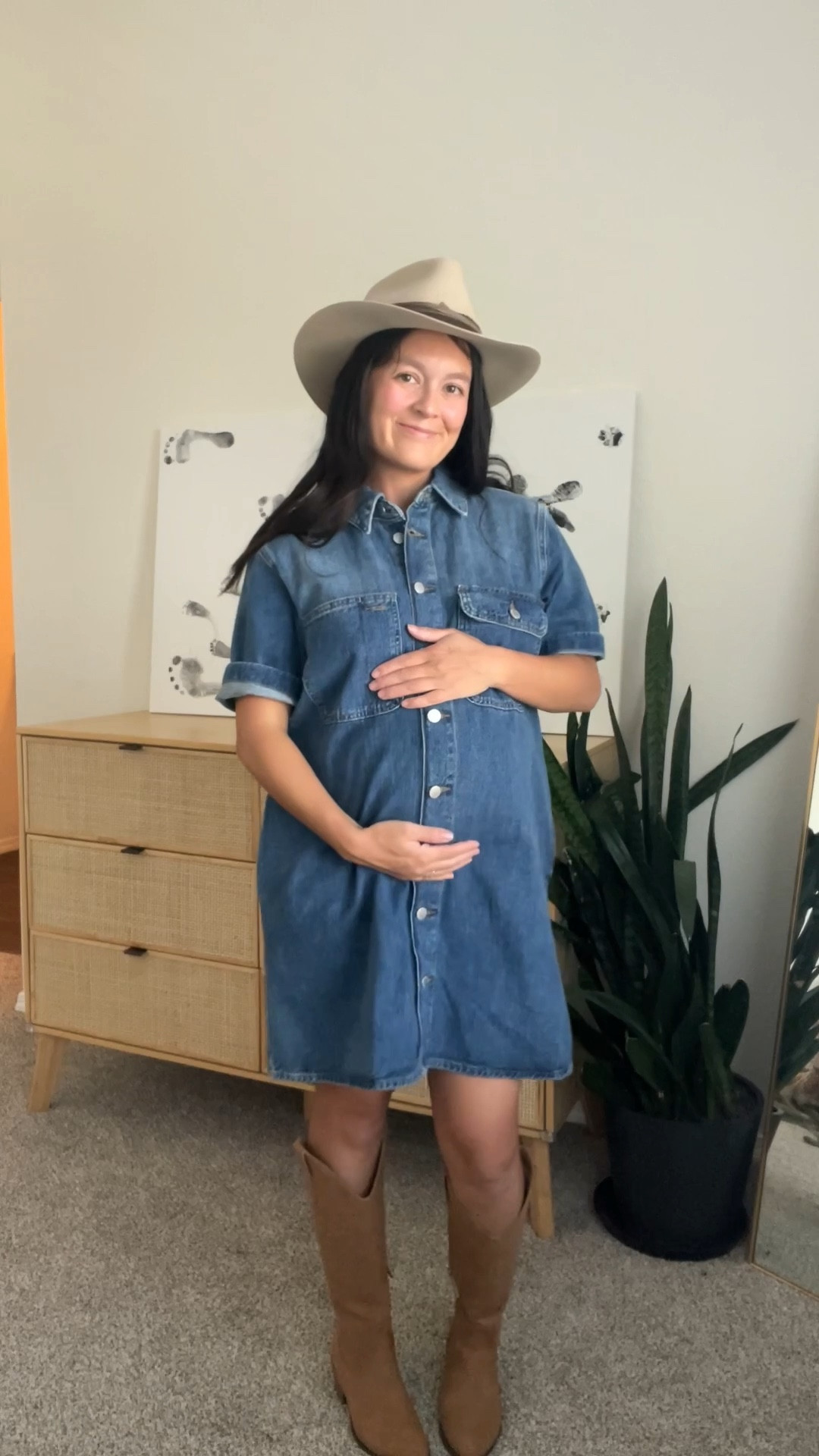 Fall outfit idea. Fall denim dress. Bump friendly outfit idea. Rodeo outfit. Fall pregnancy style. Maternity style. Western hats. 

#LTKSeasonal #LTKStyleTip #LTKBump