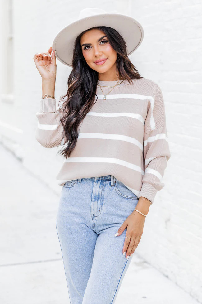 Crushing On You Tan Striped Crew Neck Sweater | Pink Lily