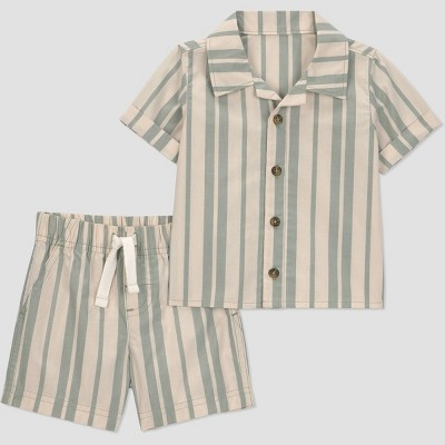 Carter's Just One You® Baby Boys' 2pc Striped Button-Down Shirt and Shorts Set - Cream/Green 12M | Target