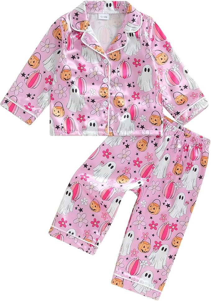 Kayotuas Halloween Pajamas Toddler Girl Pumpkin Ghost Pajama Set Long Sleeve Button Down Shirt Pa... | Amazon (US)