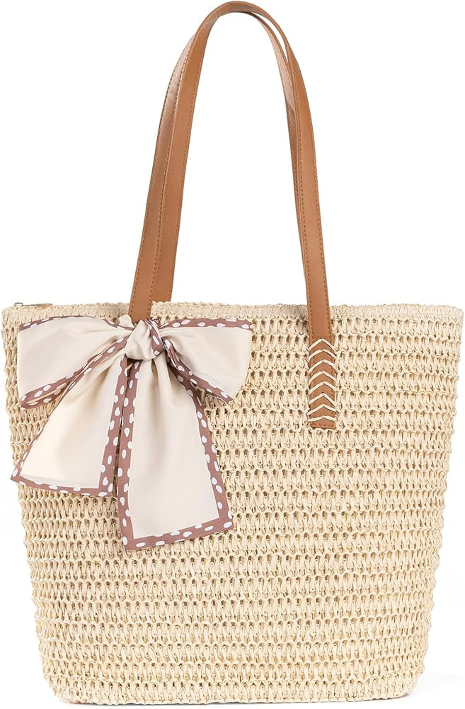 Large Straw Beach Bag: Women's Handwoven Tote with Zipper Pocket - Lightweight Summer Purse for T... | Amazon (US)