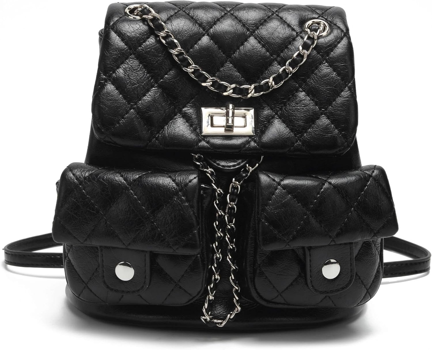 Quilted Mini Backpack Purse for Women, Small PU Leather Fashion Backpack with Chain Strap, Black | Amazon (US)