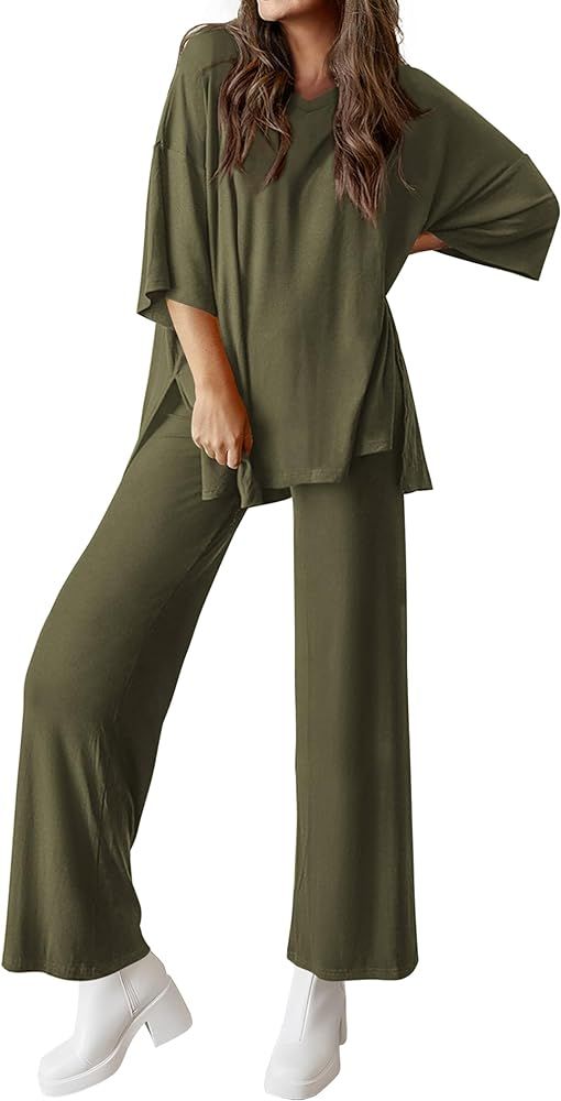 MASCOMODA Womens Summer 2 Piece Outfits Short Sleeve V Neck Tops Wide Leg Long Pants Casual Track... | Amazon (US)