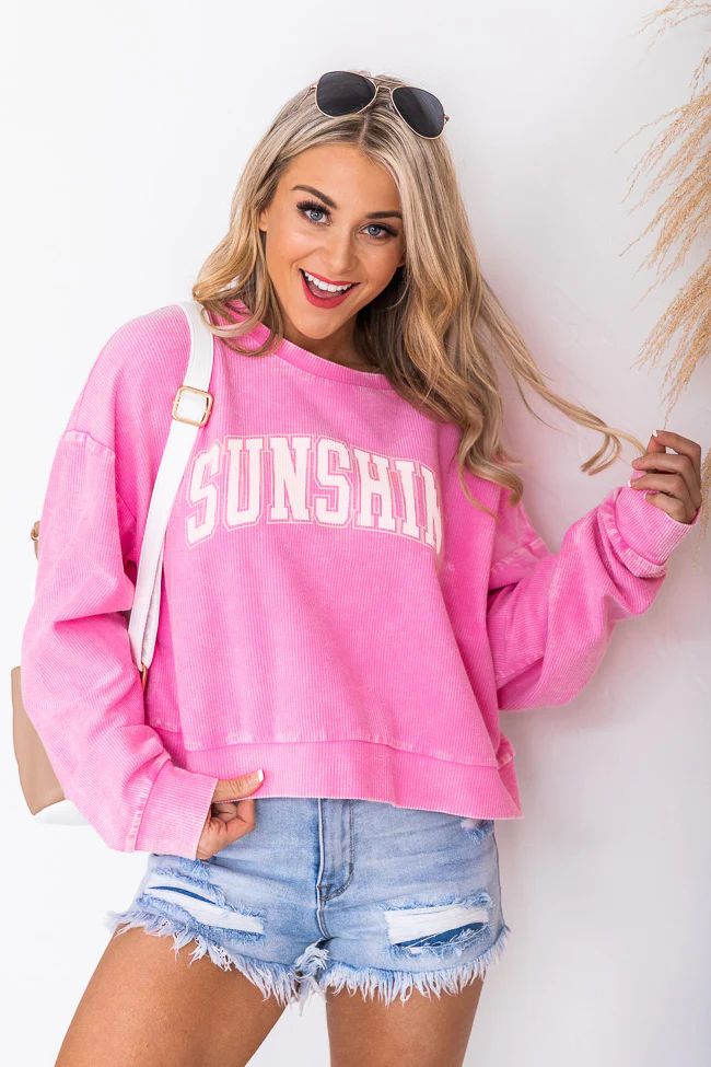 Sunshine Varsity Acid Wash Cropped Corded Pink Graphic Sweatshirt | Pink Lily