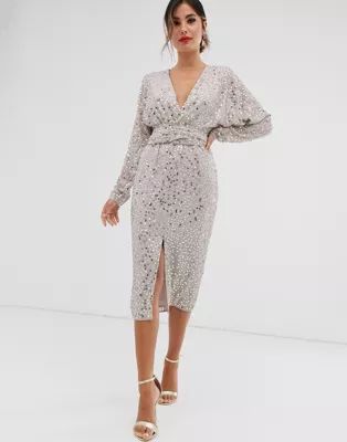ASOS DESIGN midi dress with batwing sleeve and wrap waist in scatter sequin | ASOS (Global)