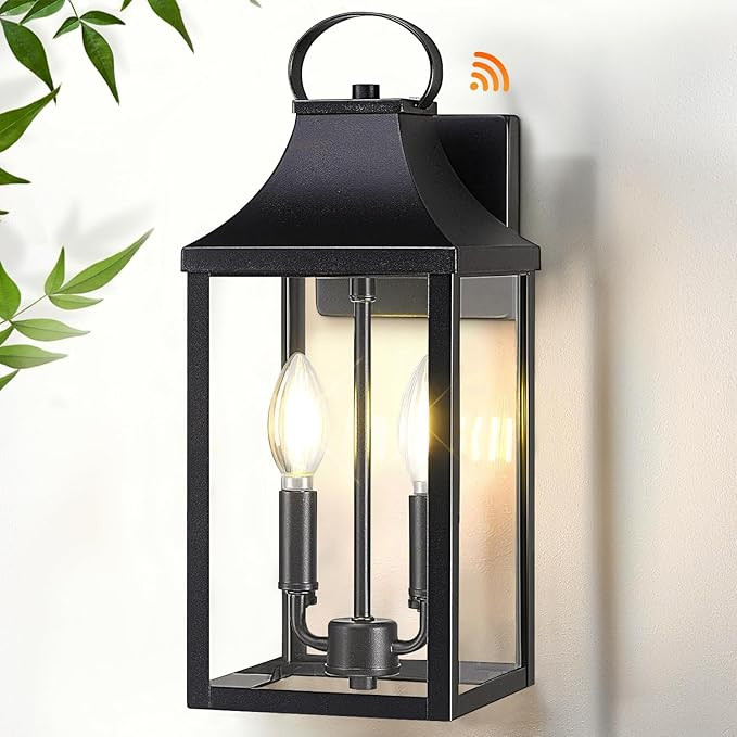 Dusk to Dawn Black Outdoor Wall Lantern 2-Light, 15" Outside Modern Wall Sconce Light Fixture, In... | Amazon (US)