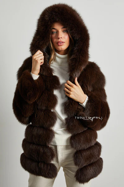 7 Ring Chocolate Fox Fur Coat with Hood | Twenty Fall