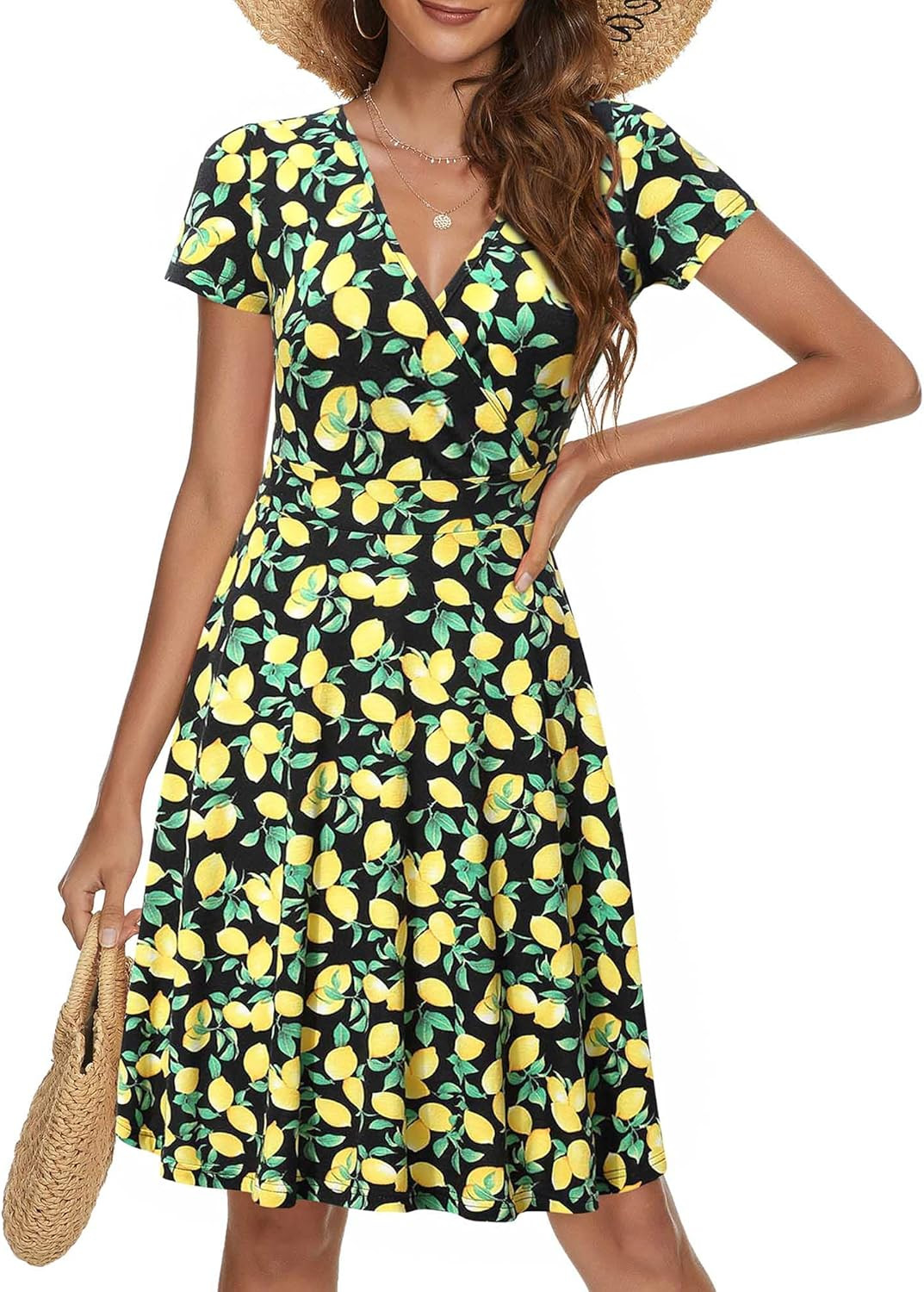 MSBASIC Women's Deep V Neck Short Sleeve Unique Cross Wrap Casual Flared Midi Dress | Amazon (US)