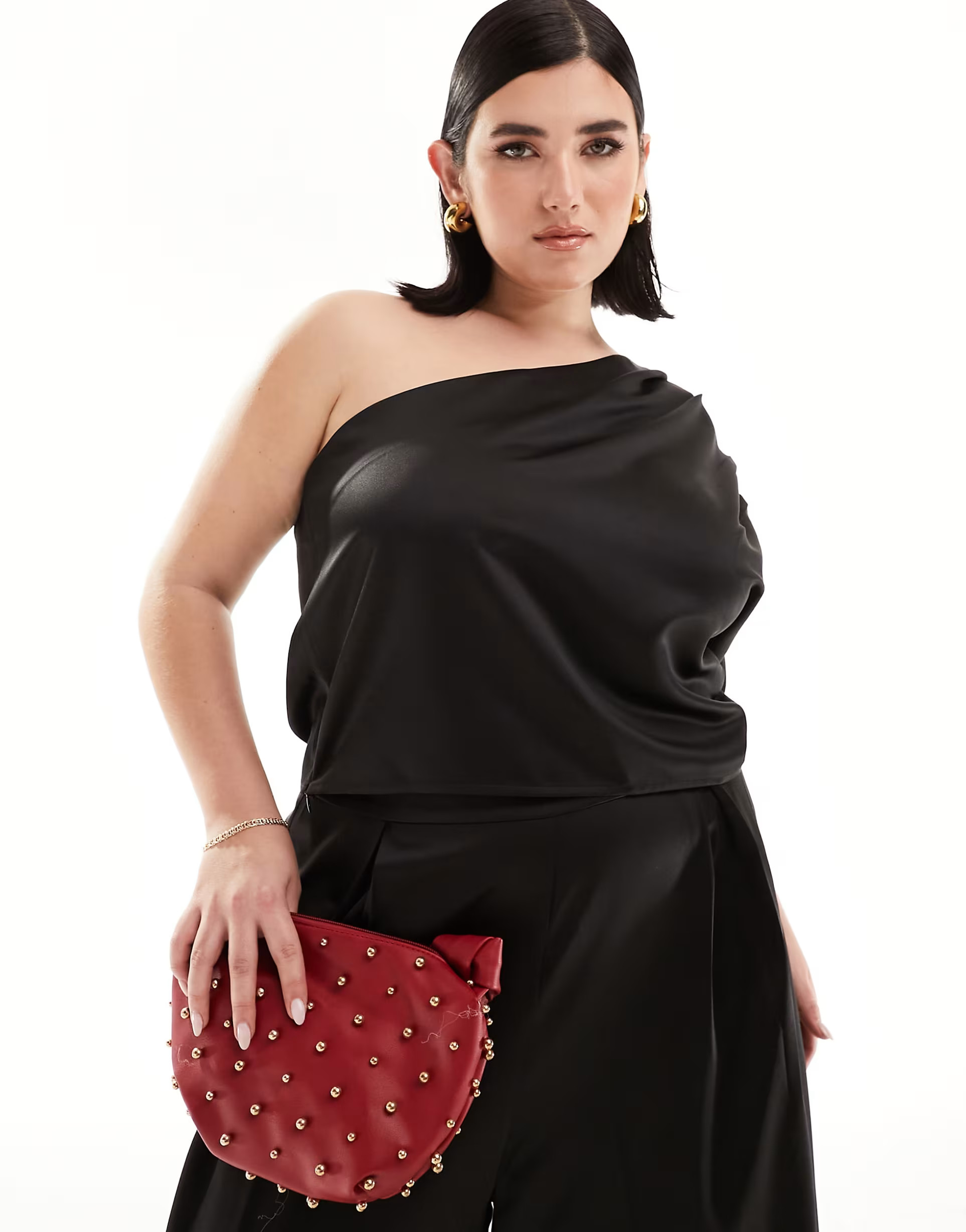 ASOS DESIGN Curve – Satin-Oberteil in Schwarz mit One-Shoulder-Träger, Kombiteil | ASOS (Global)