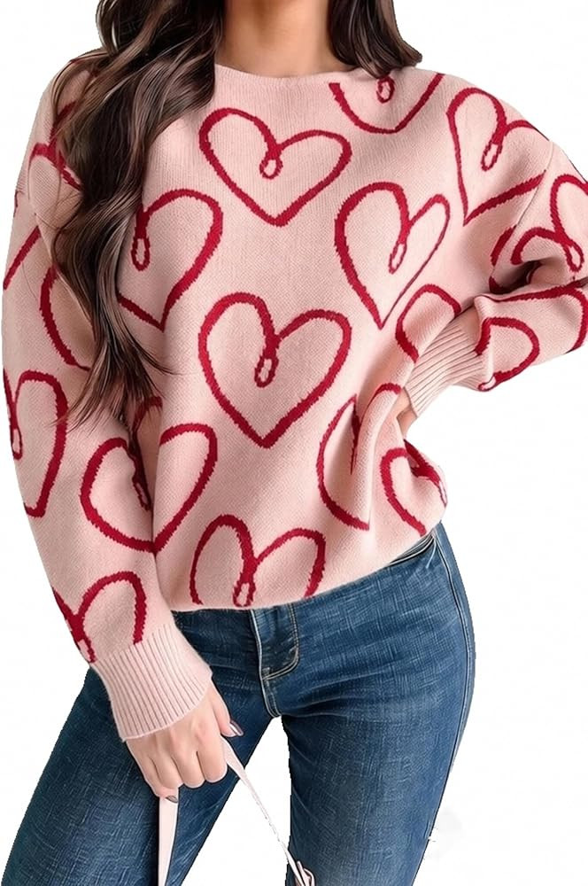 Womens Oversized Bow Sweater Cute Love Heart Print Preppy Pullover Top Chuncy Knit Long Sleeve Va... | Amazon (US)