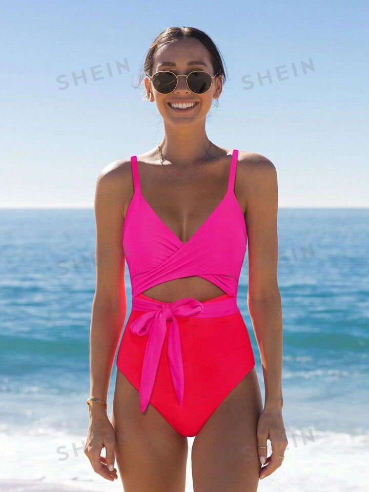 Women One-Piece V-Neck Swimsuit With Knotted Waist For Summer Swimming Pool And Beach Vacation | SHEIN