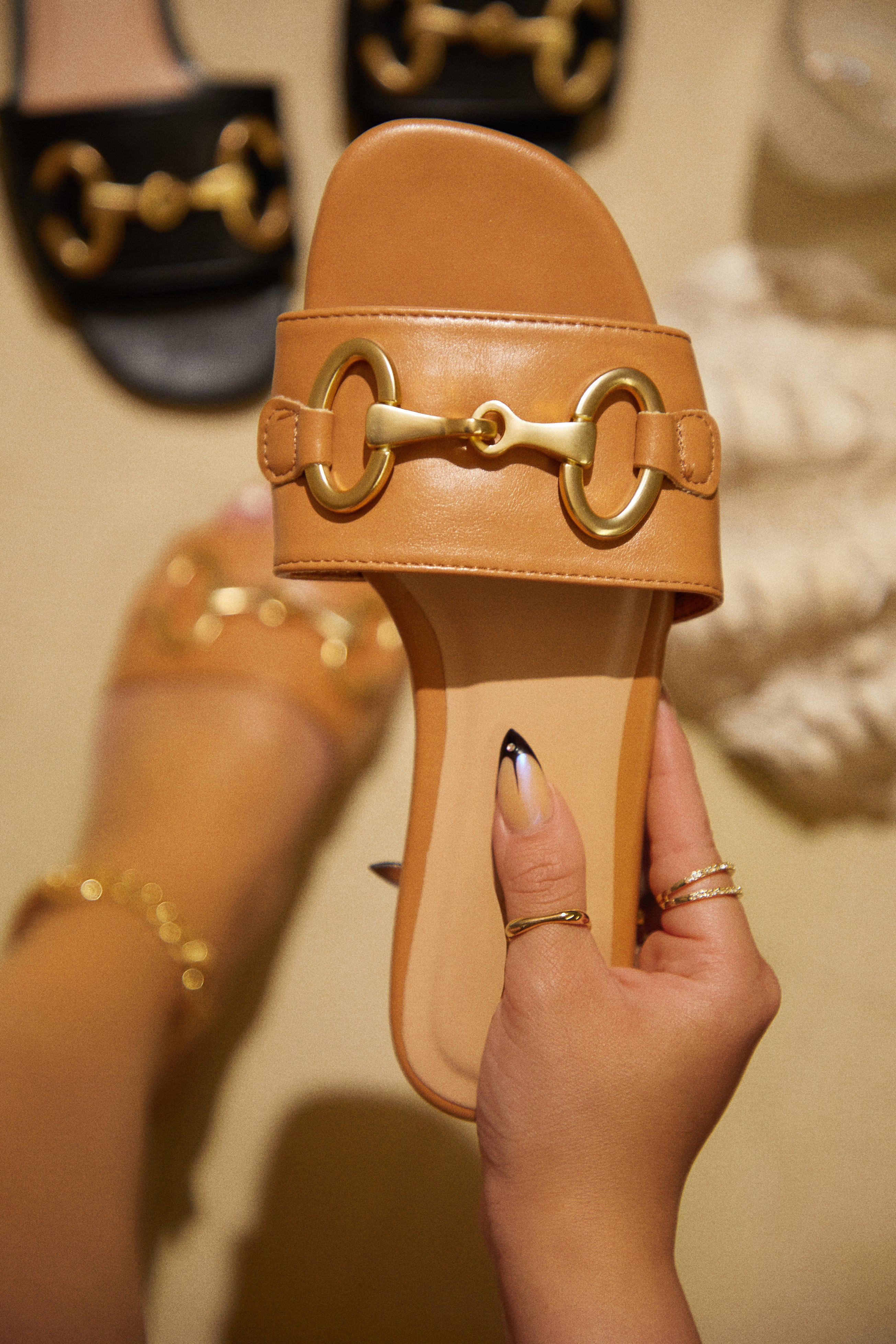 Miss Lola | Tropical Drinks Tan Chestnut Slip On Flat Sandals | MISS LOLA