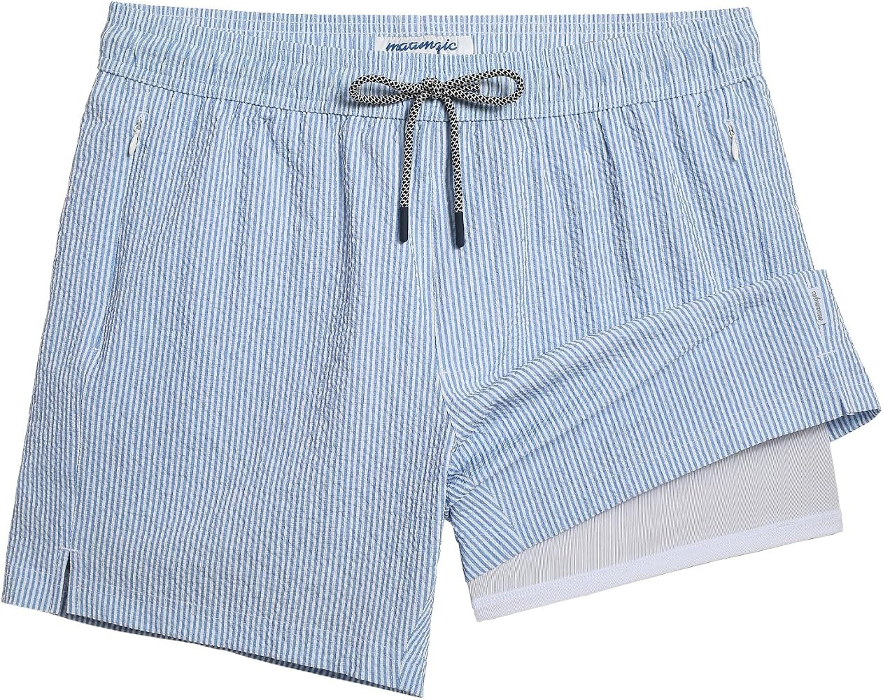 maamgic Men's Swim Trunks 5.5 inch Seersucker 2 in 1 Beach Shorts Quick Dry Bathing Suits with Co... | Amazon (US)