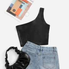 One Shoulder Crop PU Leather Top | SHEIN