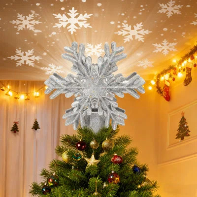 Christmas Tree Topper & Rotating Snowflake Projector Light, 3D Hollow Glitter Silver Star Decor For Holiday Magic - Easy Setup & Instagram-Worthy Desi | Wayfair North America